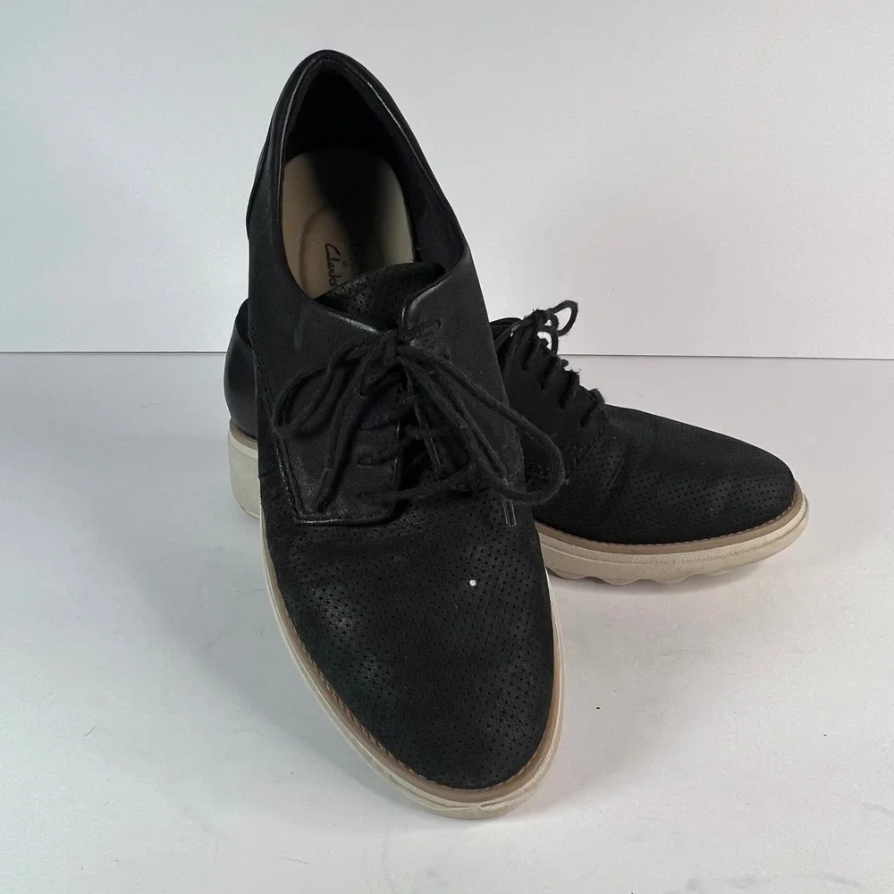 Clark's Women's Black Perforated‎ Oxford Platform Wedge Shoes US 7 C1Z Preppy